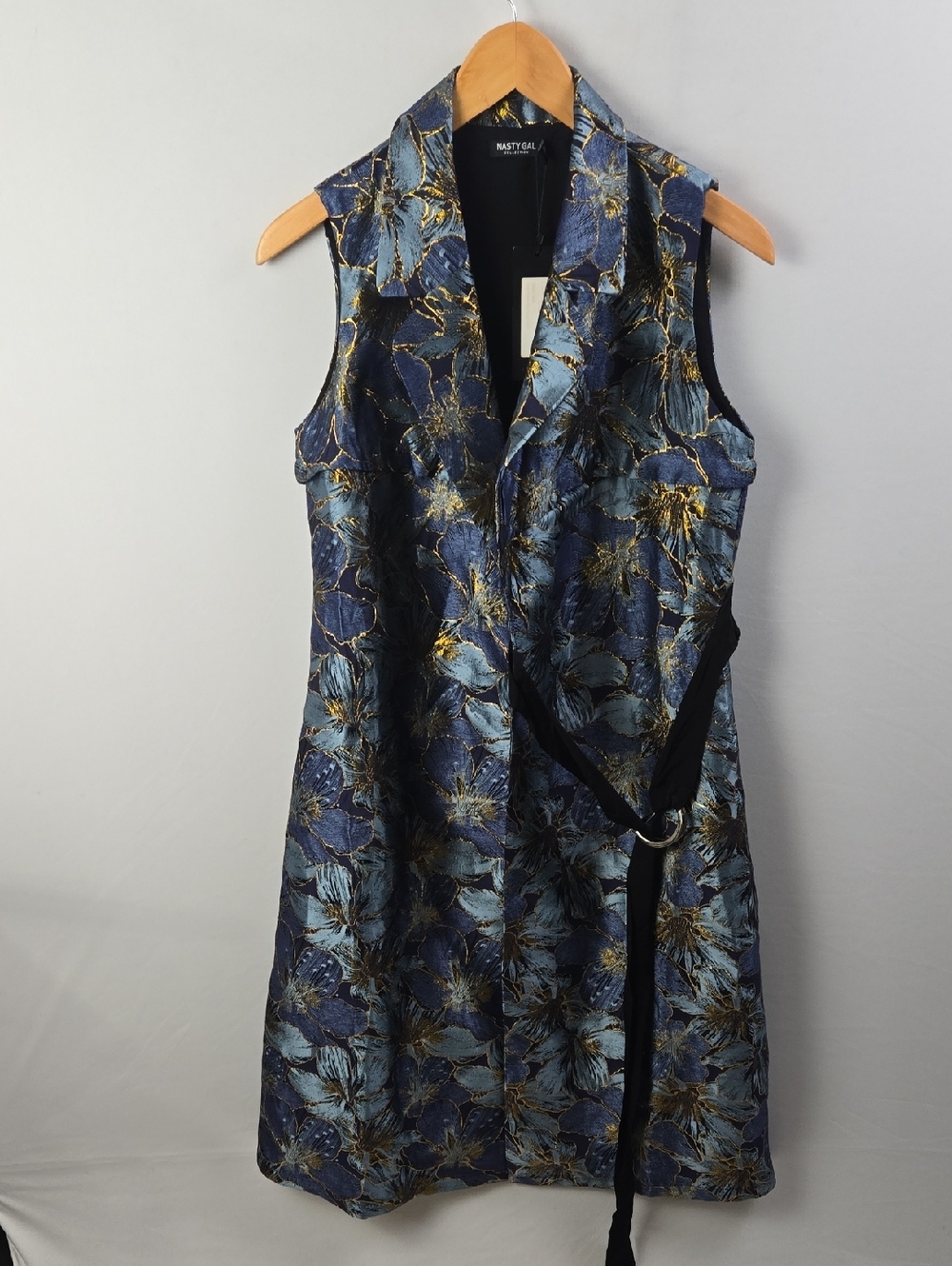 Nasty Gal Blue Gold Floral Jacquard Sleeveless Belted Vest Dress Sz 4